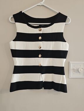 Black & White Striped Sleeveless Vest Style Top with Gold Buttons